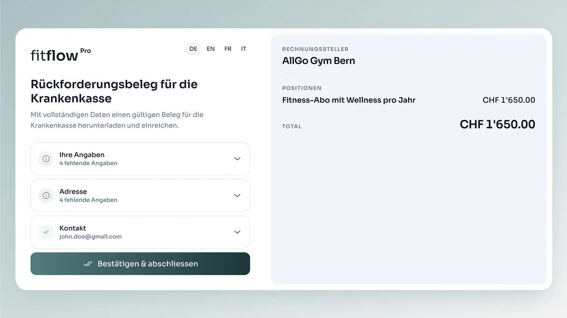 Kunden-Link: Die Kundin ergänzt fehlende Angaben und schliesst den Beleg ab