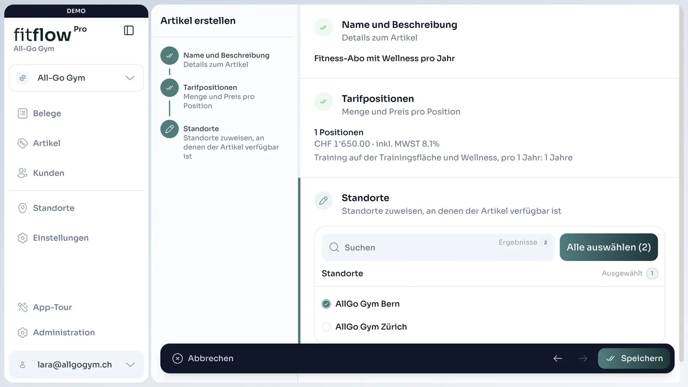 Artikel erstellen in fitflowPro: Name, Tarifpositionen und Standorte