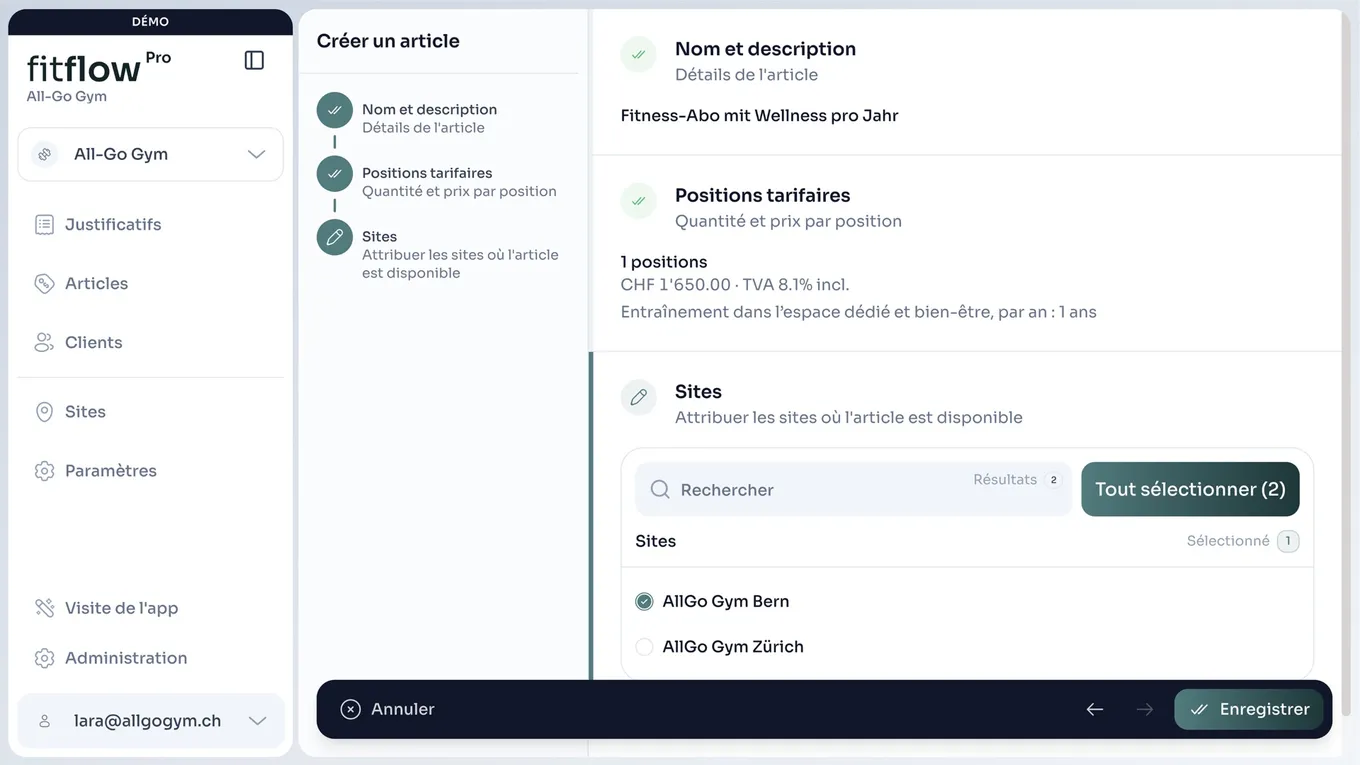 Créer un article dans fitflowPro : nom, positions tarifaires et sites