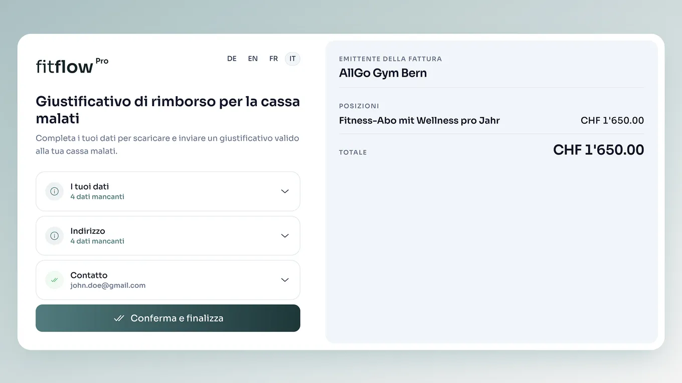 Link cliente: la cliente completa i dati mancanti e conclude il giustificativo