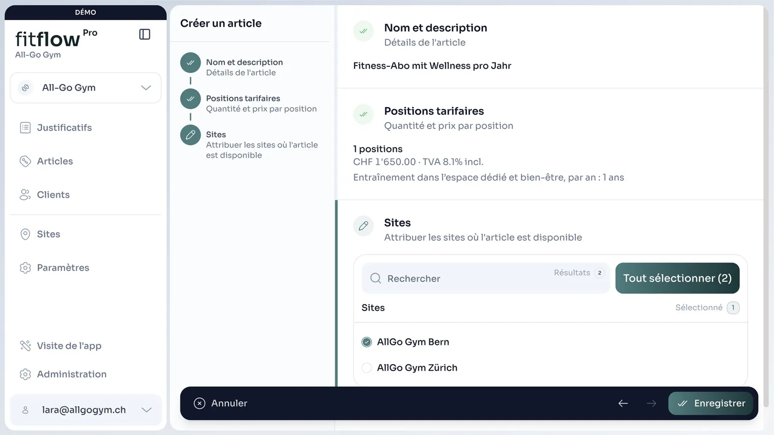 Créer un article avec position tarifaire, prix et sites dans fitflowPro