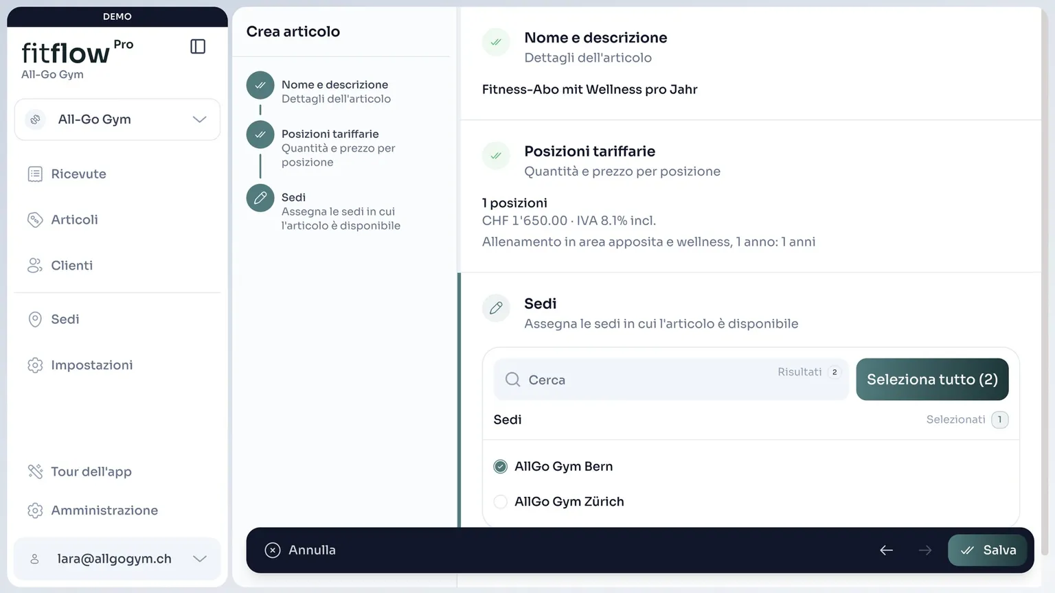 Creare un articolo con posizione tariffale, prezzo e sedi in fitflowPro
