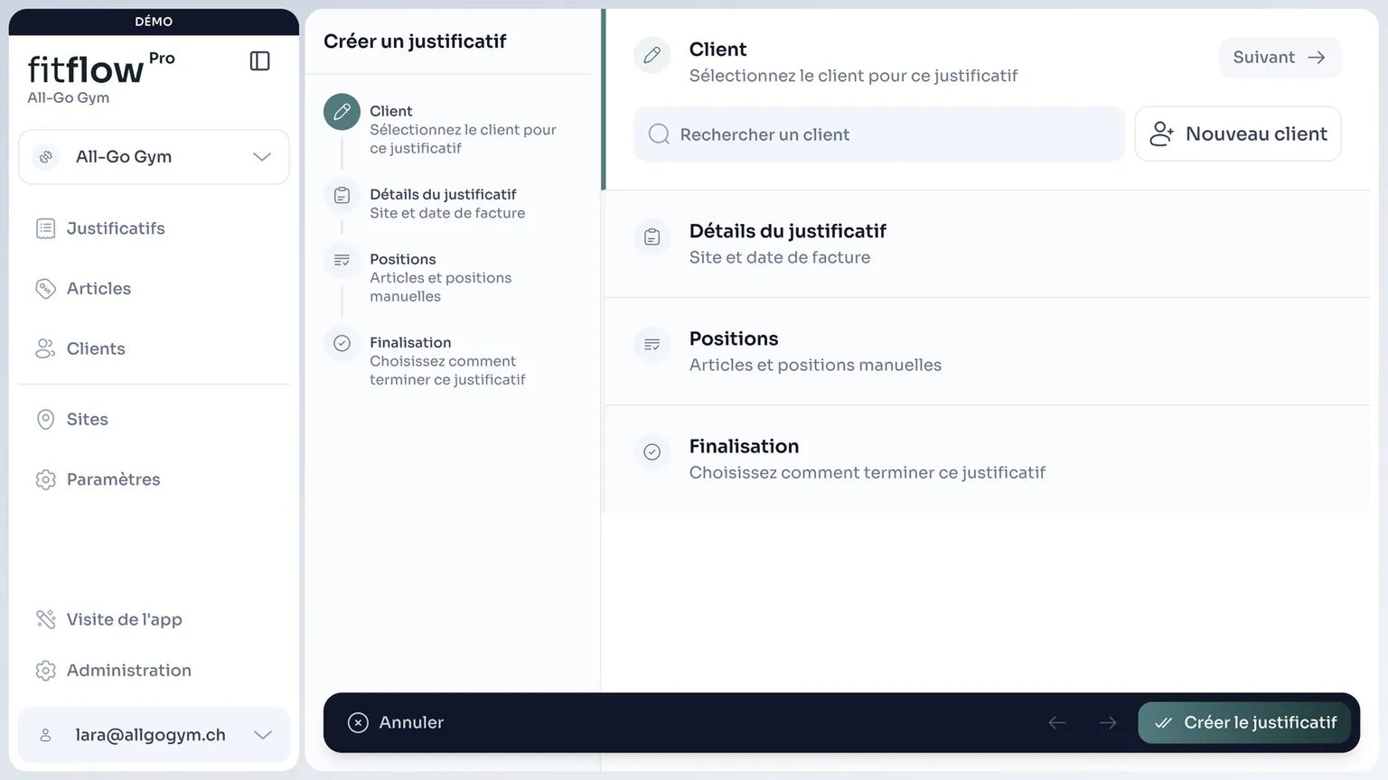Assistant de facturation dans fitflowPro : client, détails, positions et finalisation