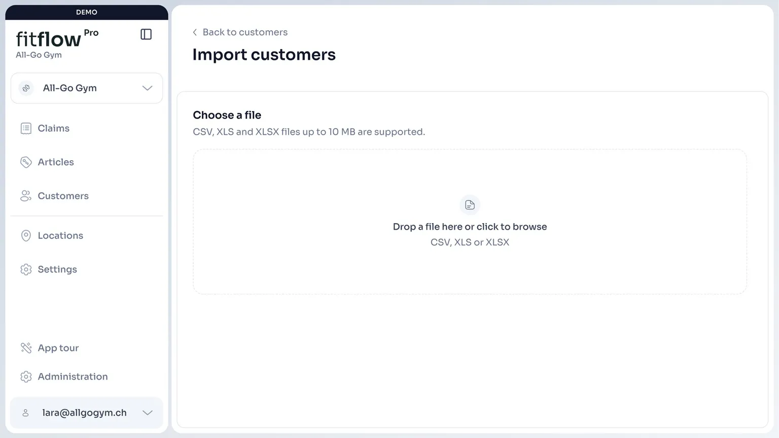 Customer import in fitflowPro via CSV, XLS or XLSX