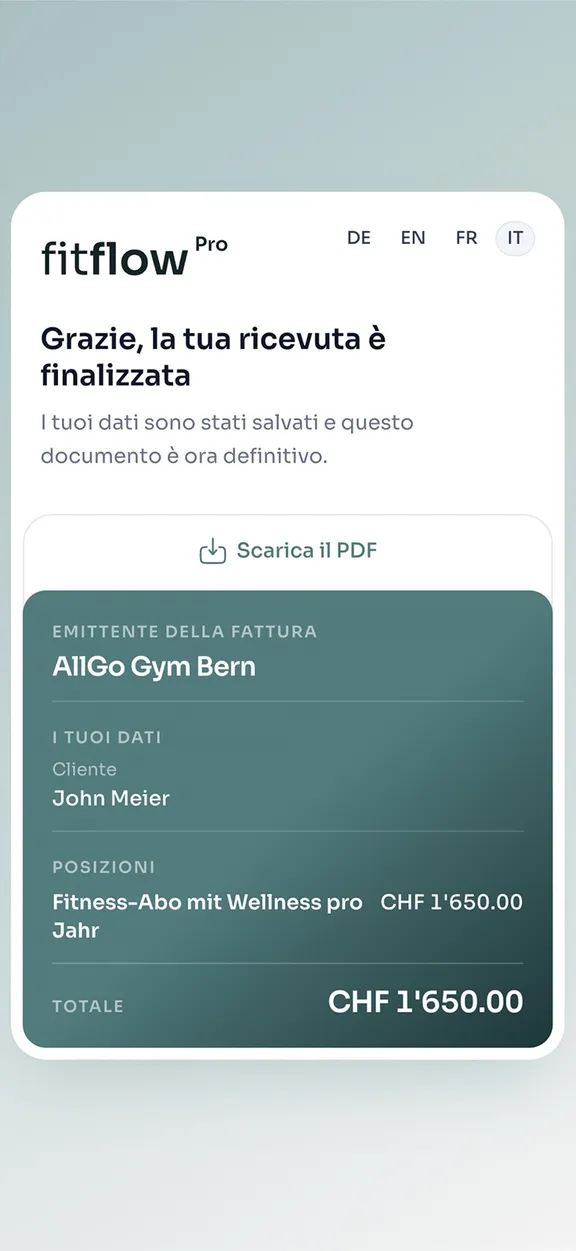 Giustificativo concluso con download PDF sullo smartphone